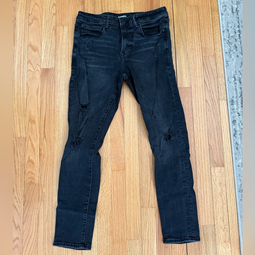Express Black Skinny Jeans with Rips. Good used condition. 32x30.